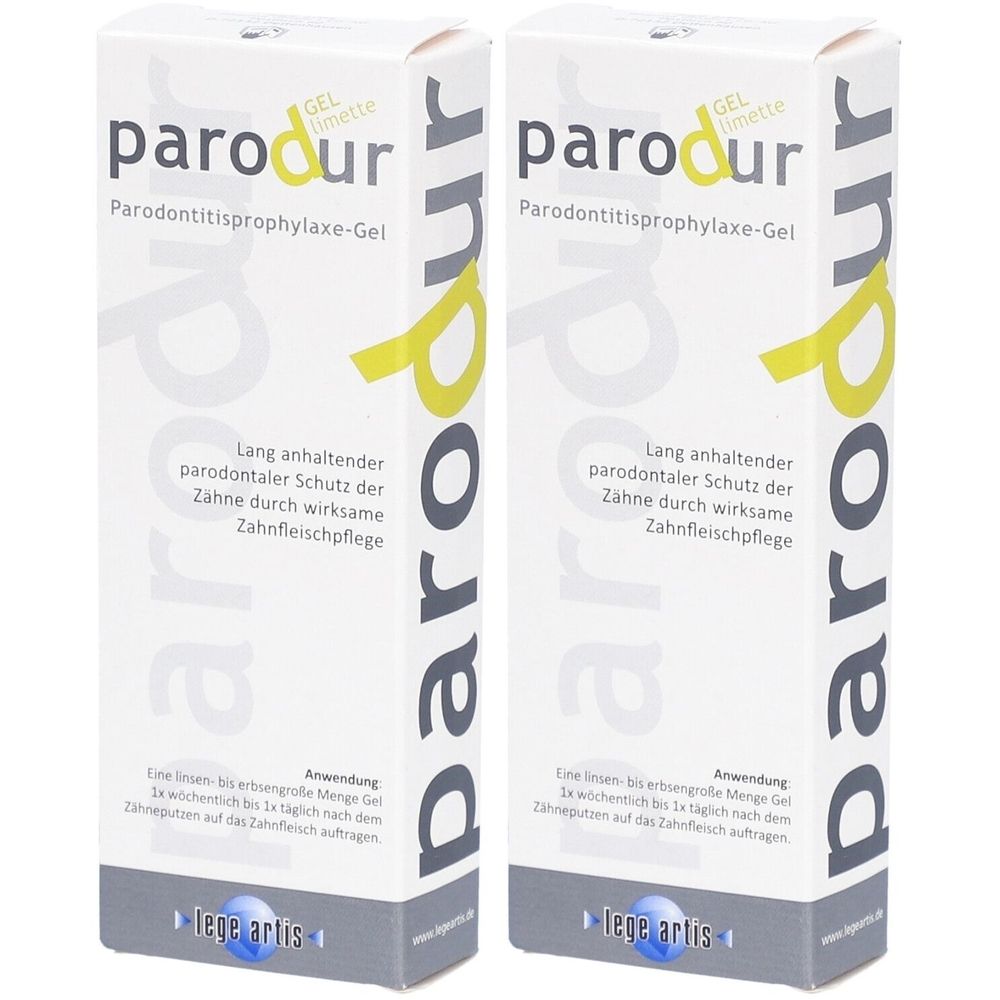 Zwei weiße Schachteln mit Produktnamen „parodur Gel Limette“. Text: Parodontitisprophylaxe-Gel. Gel für Zahnfleischpflege.