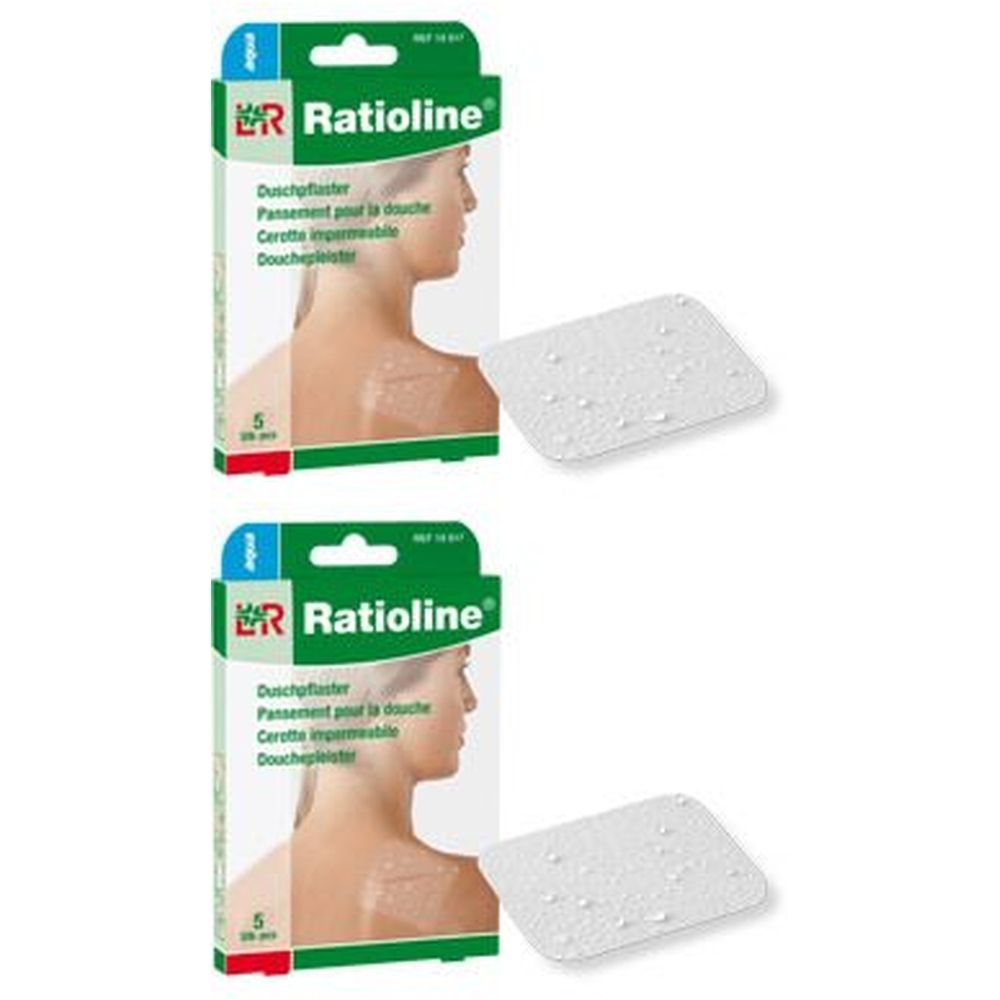 Zwei Packungen mit Duschpflastern. Jede Packung zeigt das Logo "ER Ratioline" und enthält 5 Pflaster. Daneben liegen zwei transparente Pflaster.