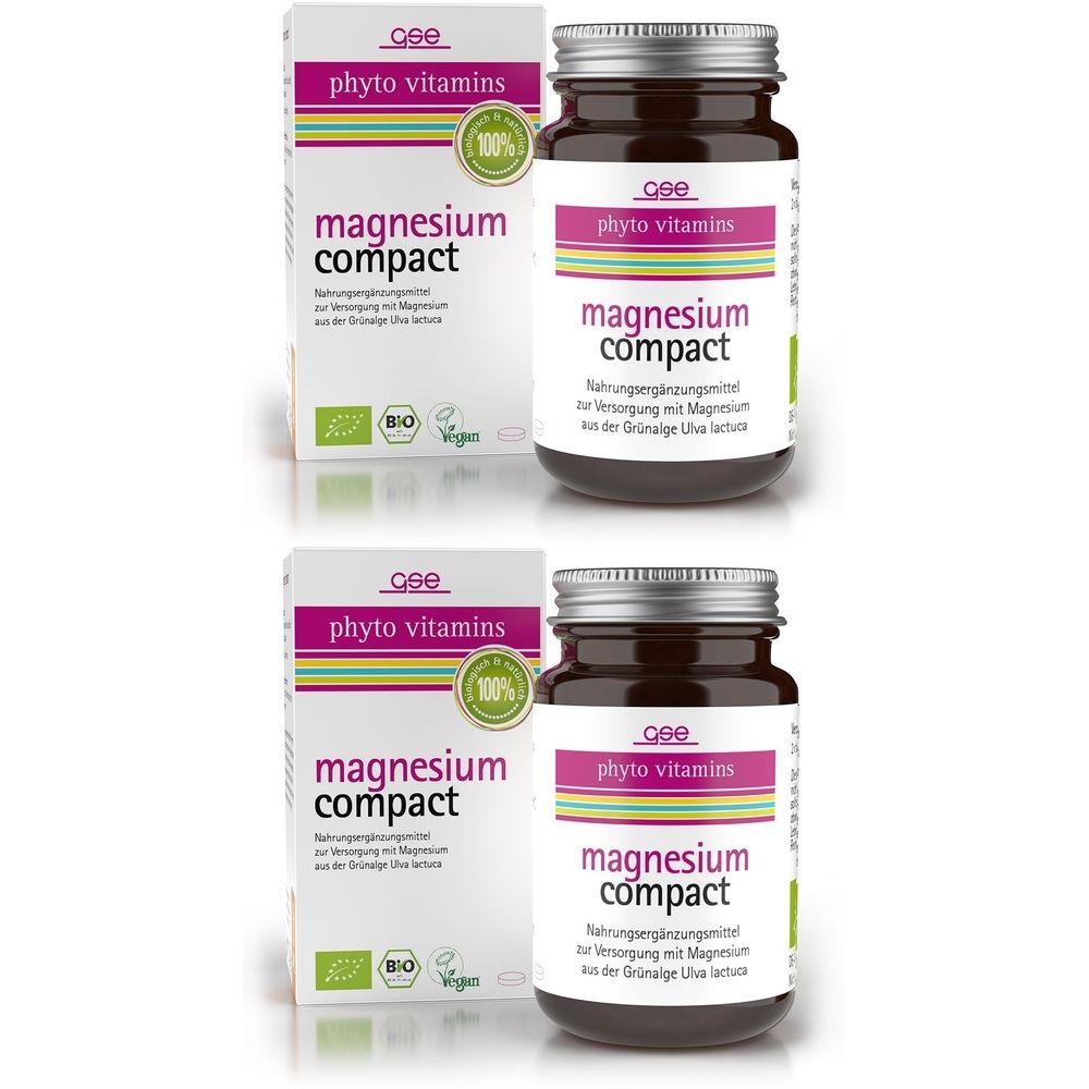 Zwei Packungen und Flaschen mit der Aufschrift "magnesium compact". Aufschrift "phyto vitamins" und Bio-Siegel.