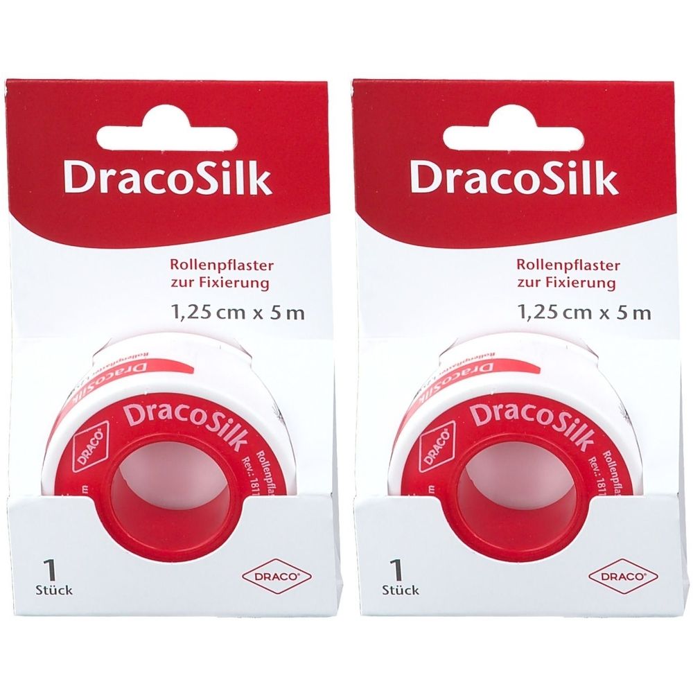 Zwei Rollenpflaster in Verpackung. Aufdruck: DracoSilk, 1,25 cm x 5 m. Roter Kern, weißes Pflaster. 1 Stück.