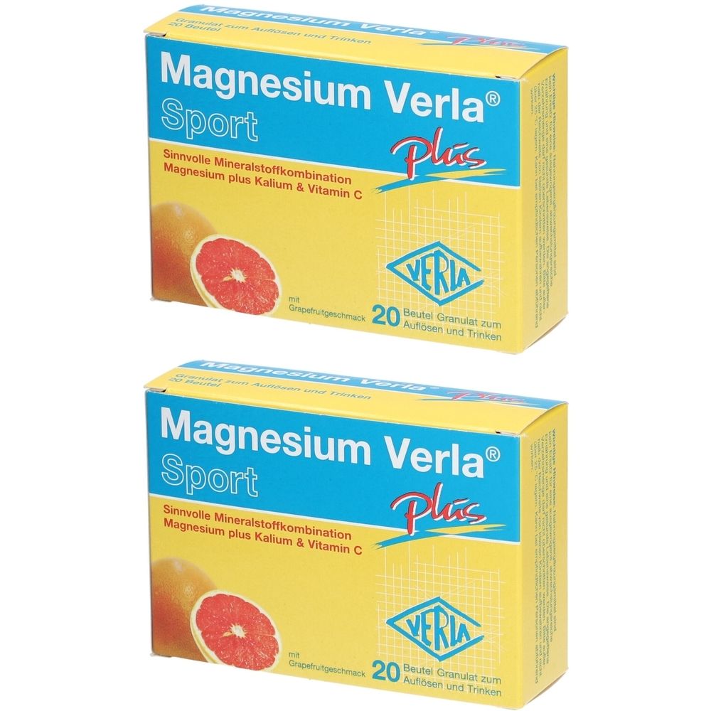 Zwei gelbe Schachteln mit "Magnesium Verla Sport Plus". Aufdruck mit Inhaltsstoffen und 20 Beuteln. Abbildung einer Grapefruit.
