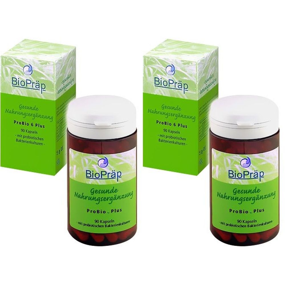 Drei Flaschen und zwei Schachteln mit Nahrungsergänzungsmitteln. Auf den Flaschen und Schachteln steht "BioPräp" und "Probio 6 Plus".