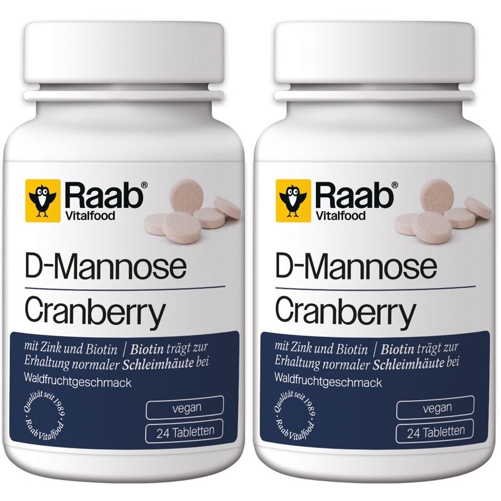 Zwei weiße Flaschen mit Tabletten. Aufschrift: Raab Vitalfood D-Mannose Cranberry. Mit Zink und Biotin. 24 Tabletten. Vegan.