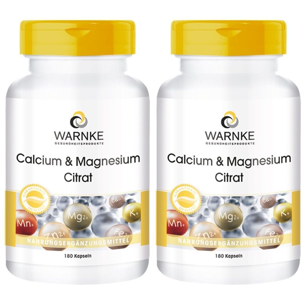 Zwei weiße Flaschen mit gelben Deckeln. Aufschrift: WARNKE Calcium & Magnesium Citrat. Nahrungsergänzungsmittel. 180 Kapseln.