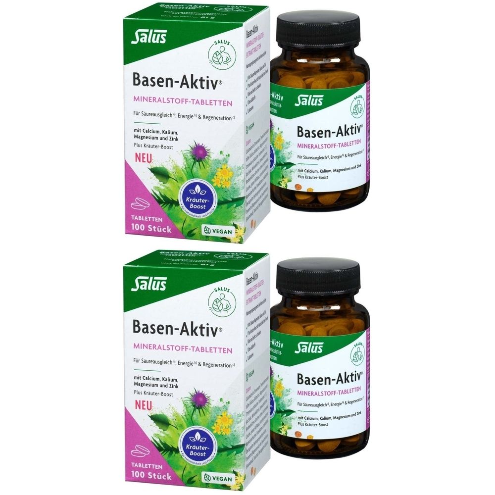 Zwei Packungen und zwei Flaschen Salus® Basen-Aktiv® Mineralstoff-Tabletten. Aufschrift: Tabletten, 100 Stück, Vegan. Braune Flaschen mit schwarzem Deckel.