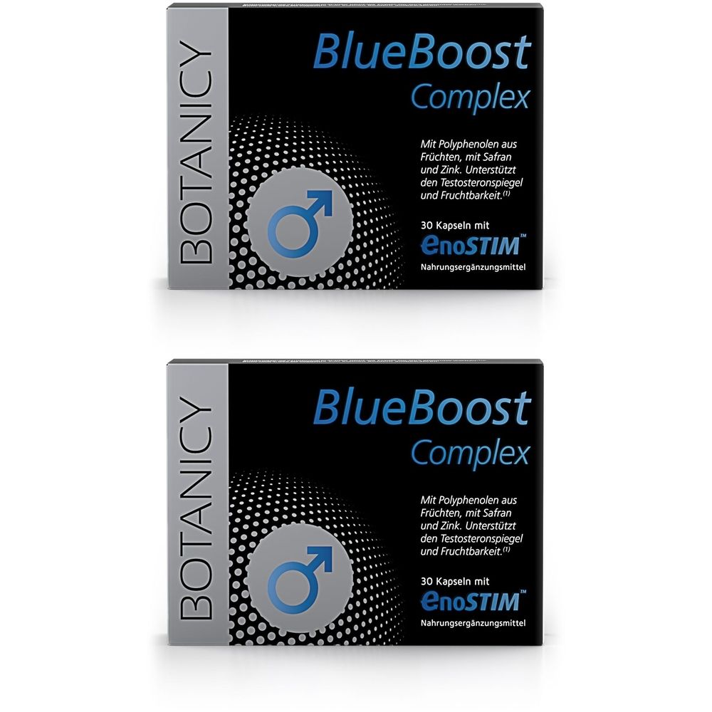 Zwei Schachteln mit „BlueBoost Complex“. Schwarze Verpackung mit weißer Schrift. Enthält 30 Kapseln. Marke: Botanicy.