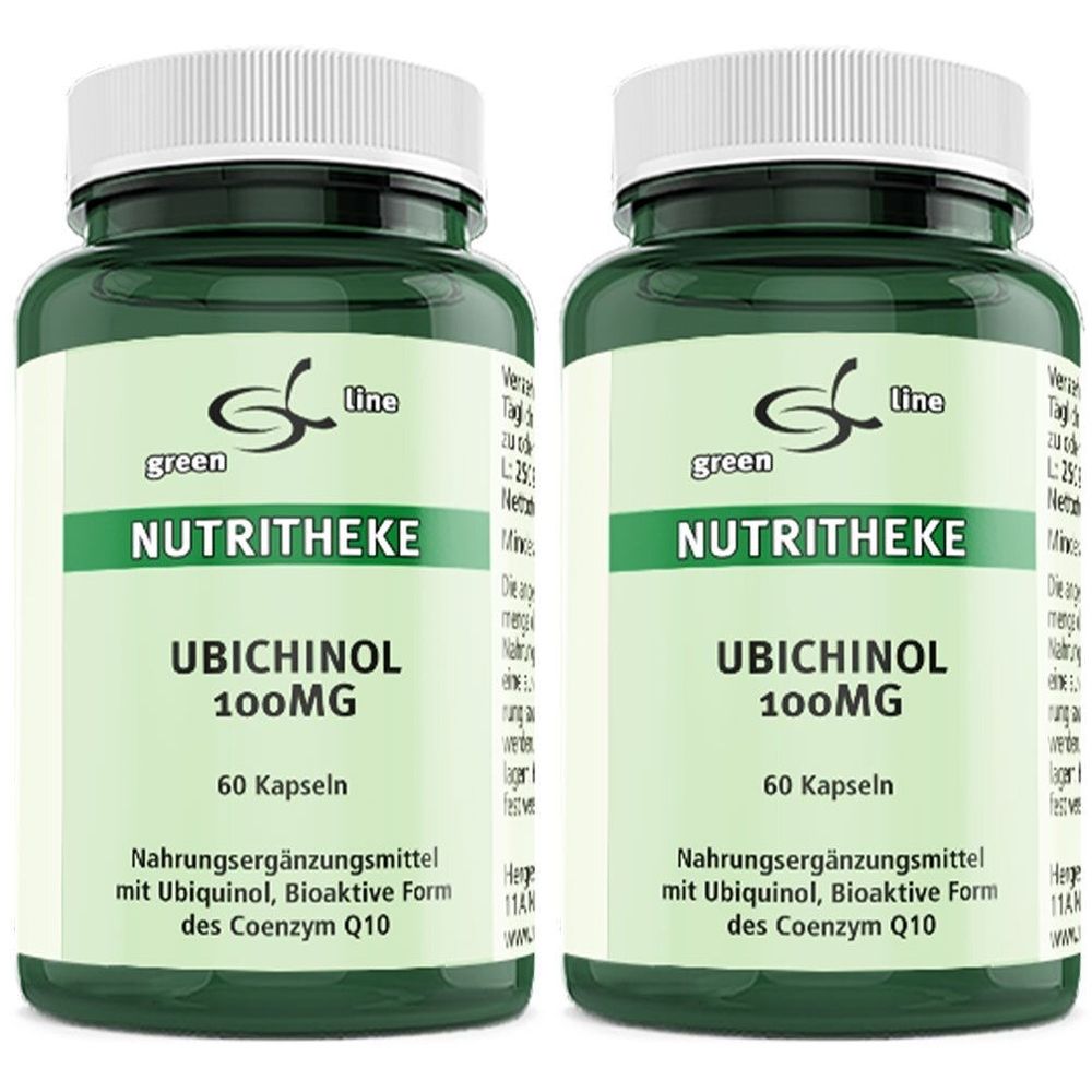 Zwei grüne Flaschen mit weißen Deckeln. Aufschrift: NUTRITHEKE UBICHINOL 100MG, 60 Kapseln. Nahrungsergänzungsmittel mit Ubiquinol.