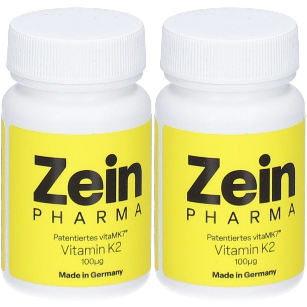 Zwei weiße Flaschen mit gelben Etiketten. Auf den Etiketten steht "Zein Pharma", "Vitamin K2" und "100µg".