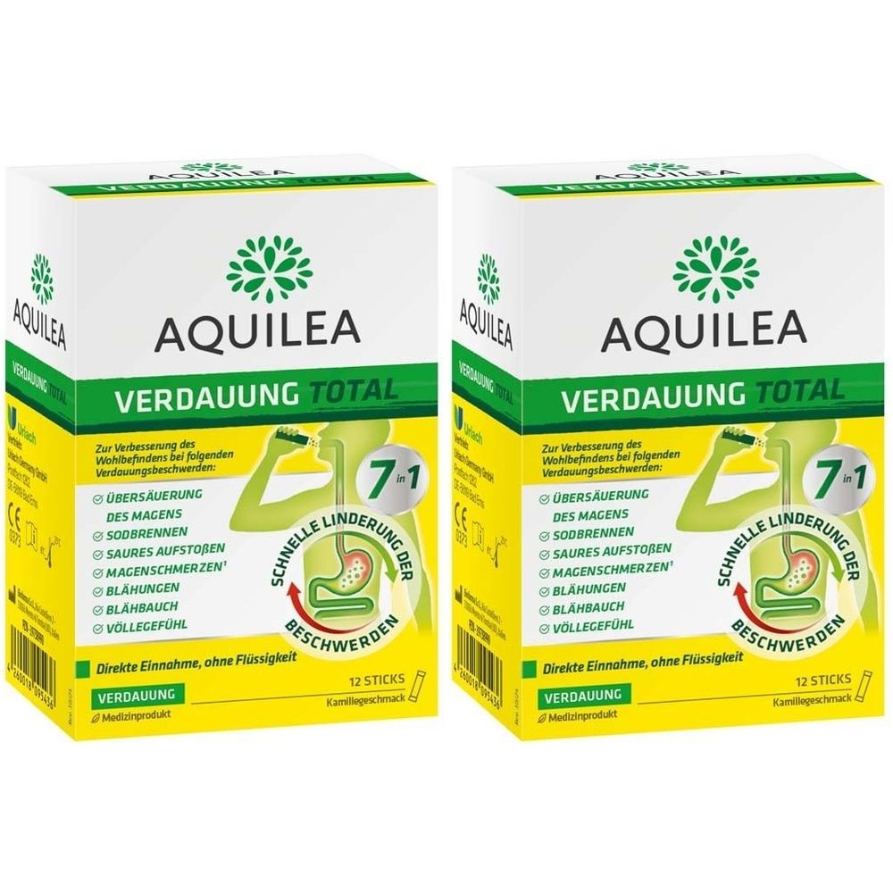 Zwei weiße Kartons mit grün-gelber Beschriftung. Aufschrift: AQUILEA VERDAUUNG TOTAL. 7-1. 12 Sticks. Direkte Einnahme, ohne Flüssigkeit.