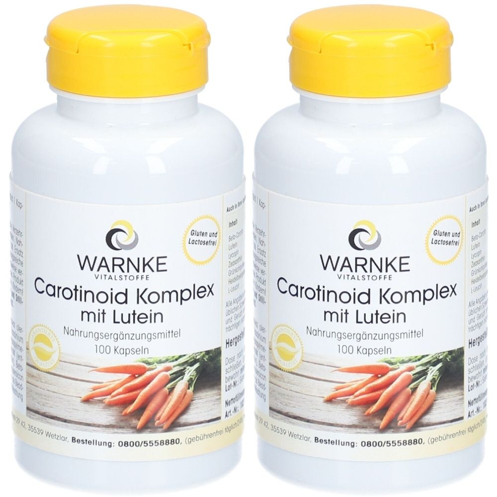 Zwei weiße Flaschen mit gelben Deckeln. Aufschrift: WARNKE Carotinoid Komplex mit Lutein, 100 Kapseln. Abbildung von Karotten.
