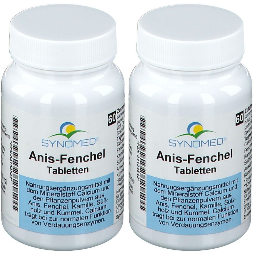 Zwei weiße Tablettenflaschen mit Schraubverschluss. Aufschrift: SYNOMED Anis-Fenchel Tabletten. 60 Tabletten. Blaue und gelbe Logo.