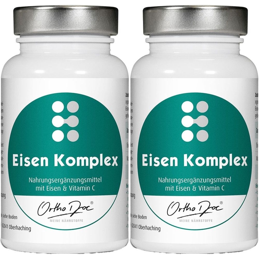 Zwei weiße Flaschen mit silbernen Deckeln. Auf jeder Flasche steht "Eisen Komplex" und "Ortho Doc".