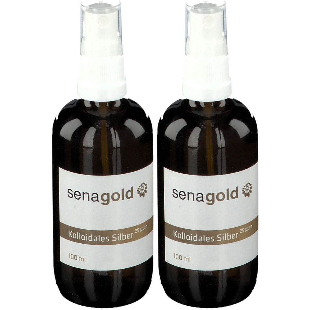 Zwei braune Sprühflaschen mit weißen Etiketten. Aufschrift: senagold, Kolloidales Silber 25 ppm, 100 ml.
