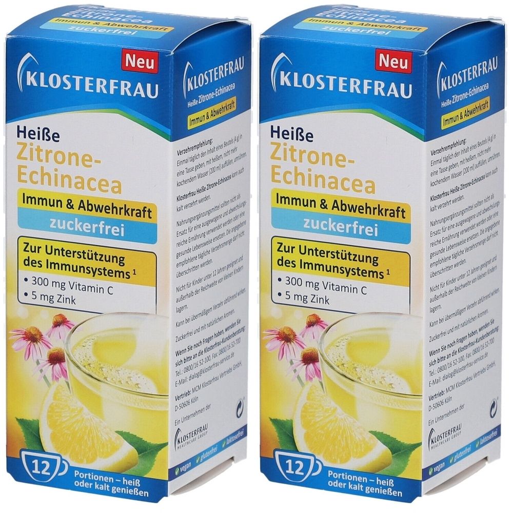 Zwei Kartons mit „Klosterfrau Heiße Zitrone-Echinacea zuckerfrei“. Blaue und weiße Verpackung mit Produktinformationen und Illustration.