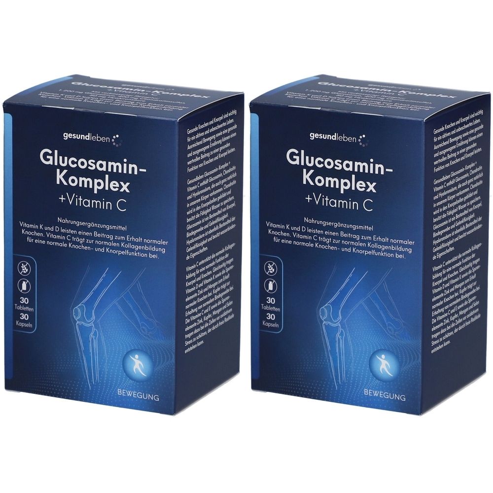 Zwei blaue Schachteln mit "Glucosamin-Komplex +Vitamin C". Jede Schachtel enthält 30 Tabletten. Aufschrift: "BEWEGUNG".