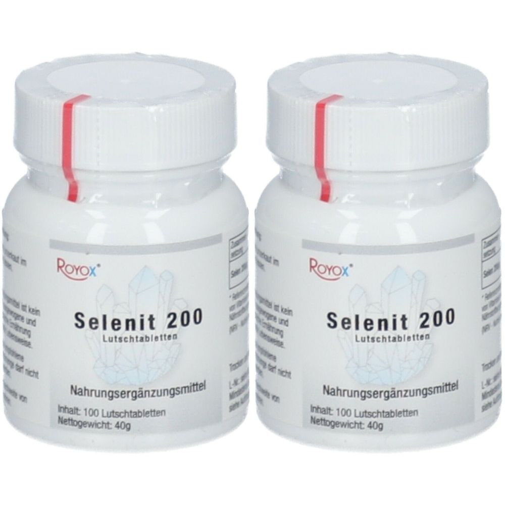 Zwei weiße Flaschen mit Schraubverschluss. Aufschrift: Royox Selenit 200 Lutschtabletten. Nahrungsergänzungsmittel. Inhalt: 100 Lutschtabletten.