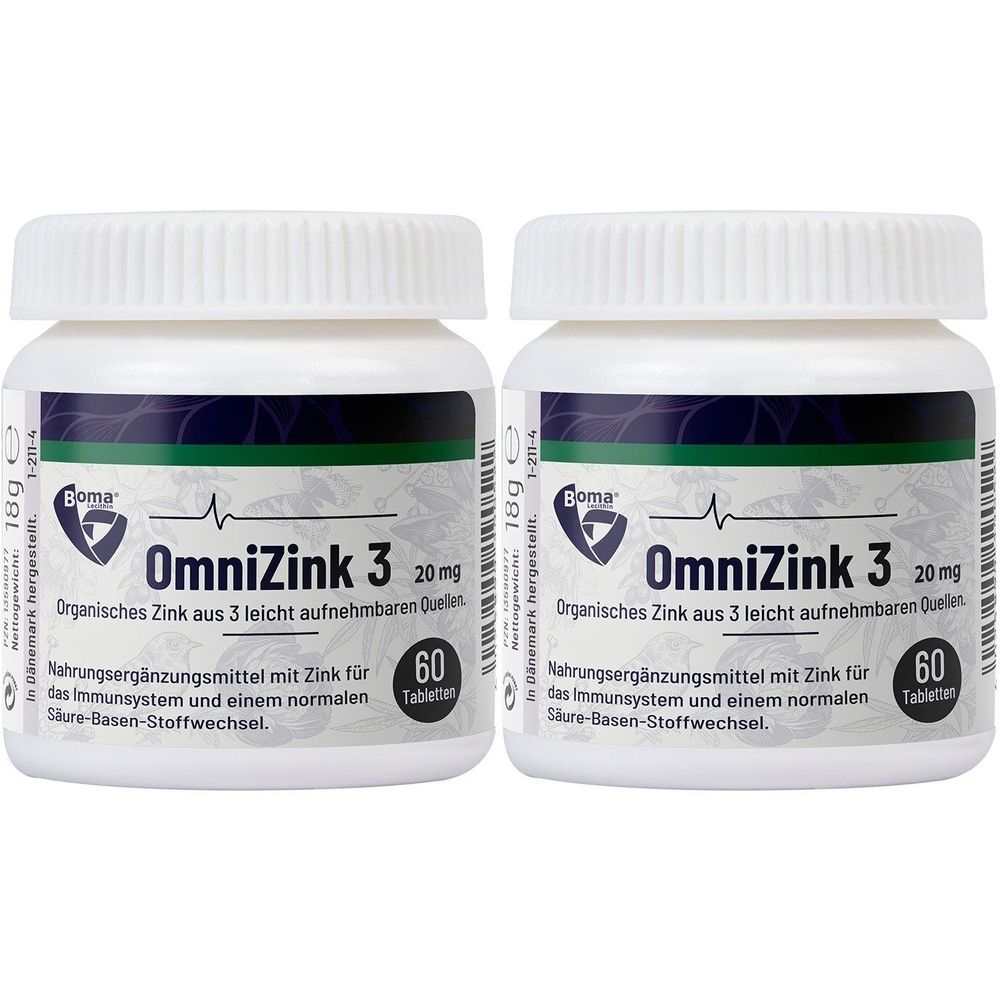 Zwei weiße Flaschen mit Etiketten. Aufschrift: OmniZink 3, 20 mg, 60 Tabletten. Marke: Boma. Nahrungsergänzungsmittel mit Zink.