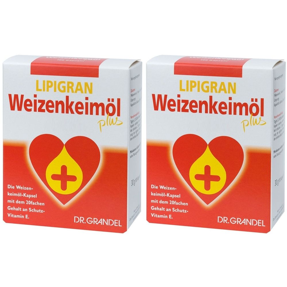 Zwei Schachteln Dr. Grandel Lipigran Weizenkeimöl Plus. Rote Herz-Grafik mit gelbem Tropfen und Kreuz. Schriftzug: Weizenkeimöl plus.