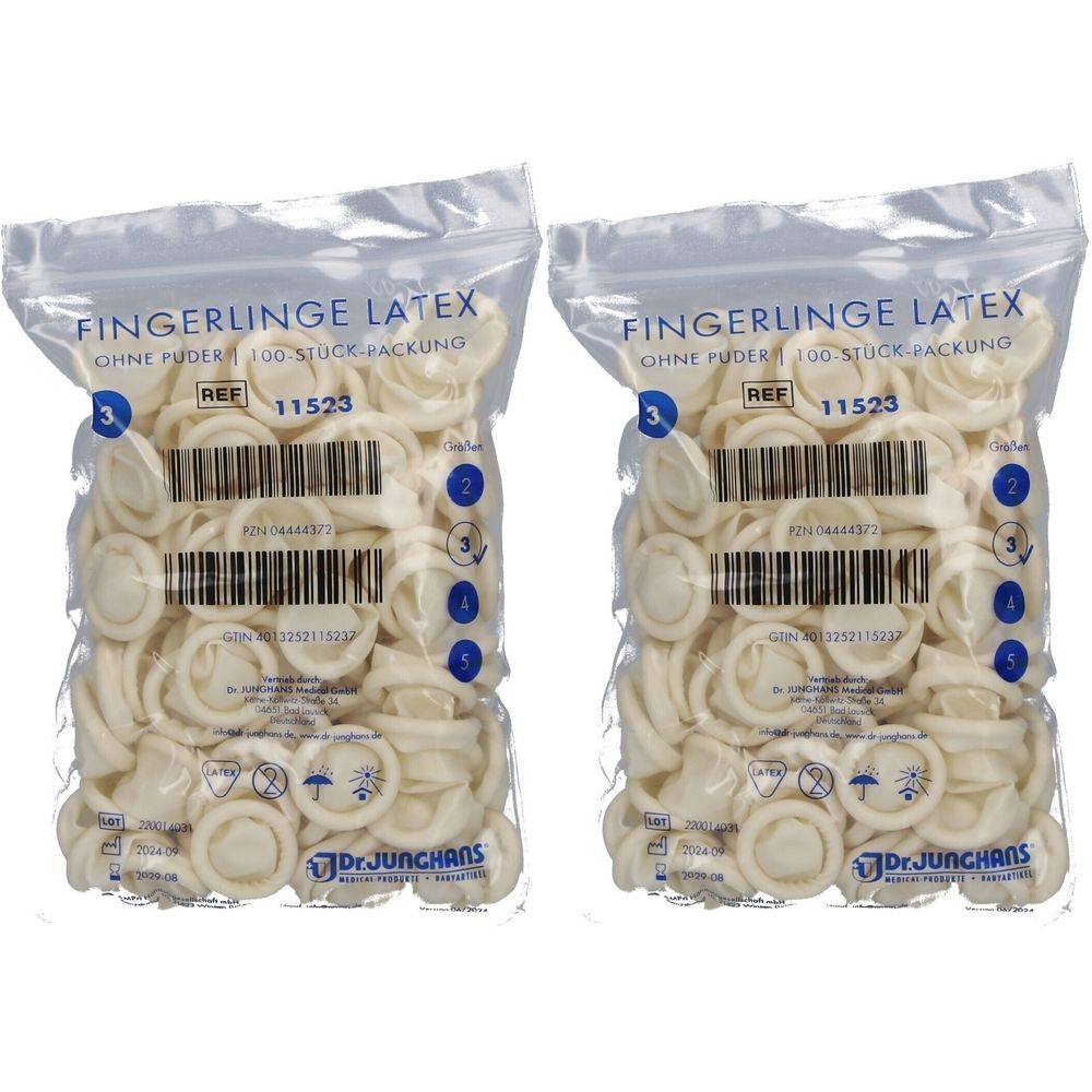 Zwei Beutel mit Fingerlingen aus Latex. Aufschrift: FINGERLINGE LATEX, OHNE PUDER, 100-Stück-Packung. Marke: Dr. Junghans.