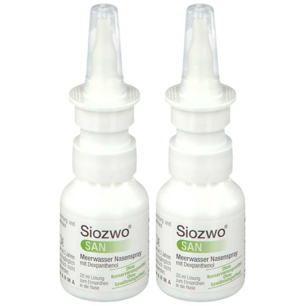 Zwei weiße Nasensprays mit transparenten Aufsätzen. Beschriftung: Siozwo SAN, Meerwasser Nasenspray mit Dexpanthenol.
