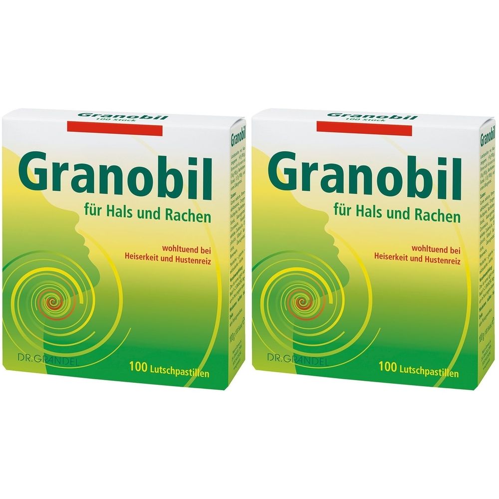 Zwei Schachteln Granobil Lutschpastillen. Aufschrift: Granobil, für Hals und Rachen, wohltuend bei Heiserkeit und Hustenreiz. 100 Lutschpastillen.