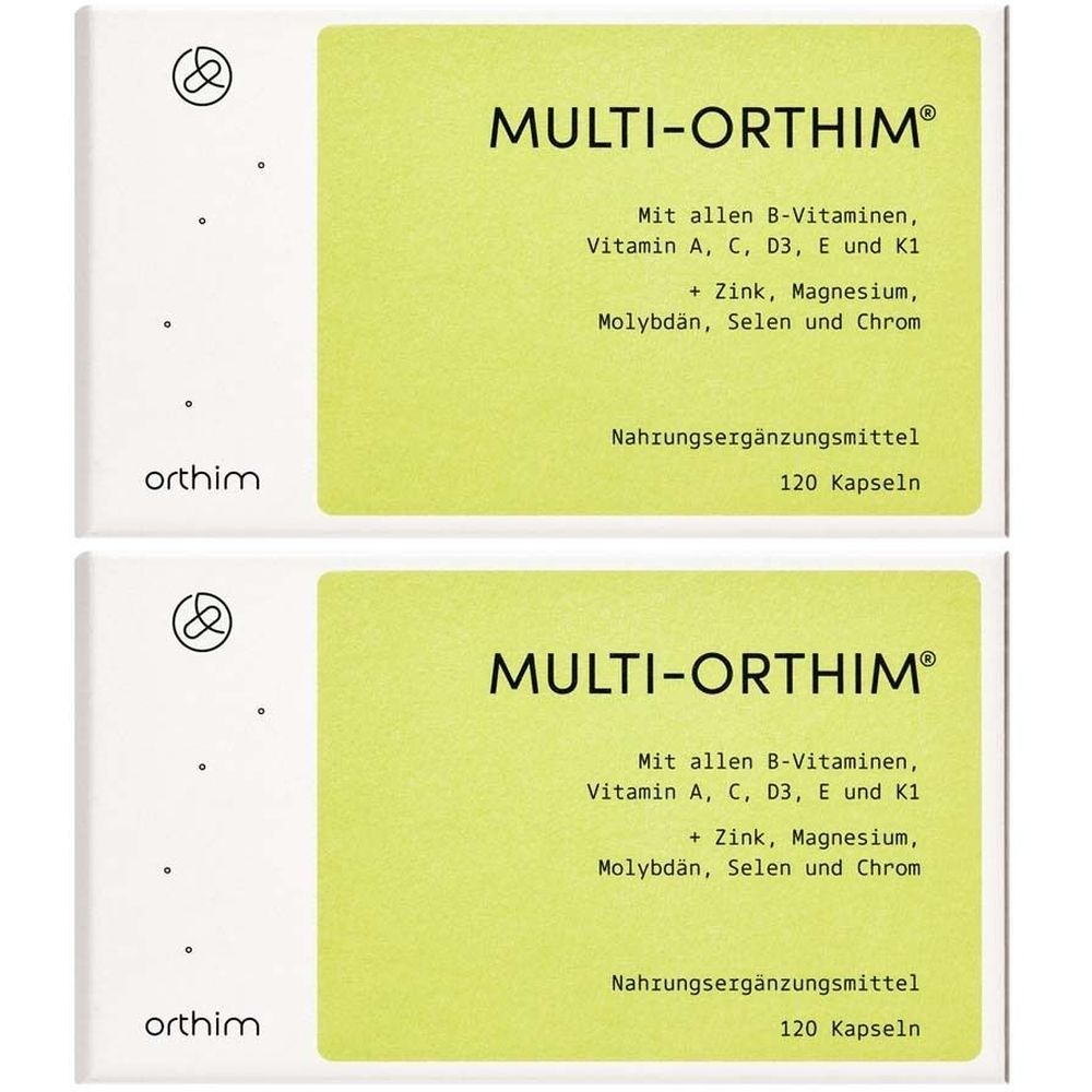 Zwei Packungen MULTI-ORTHIM® Multivitamin-Kapseln. Weiße Verpackung mit grünem Feld und Produktinformationen. 120 Kapseln.