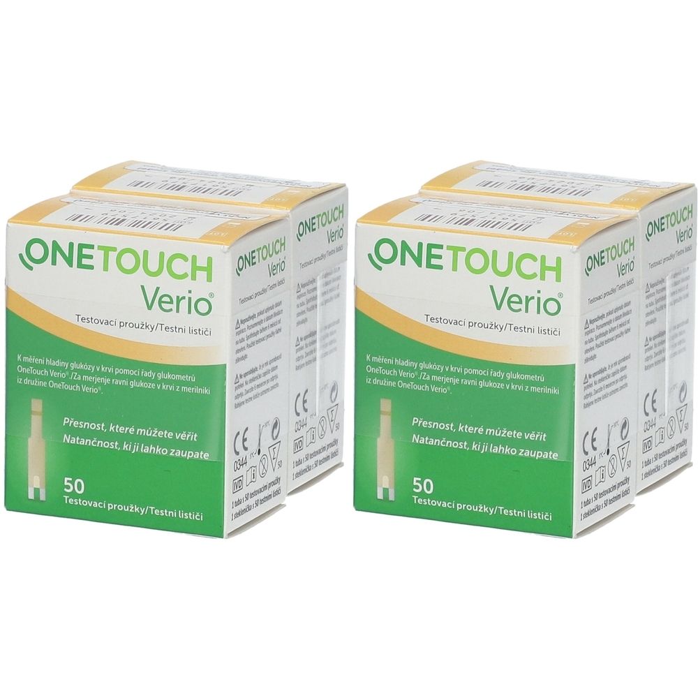 Mehrere Packungen OneTouch Verio Teststreifen. Jede Schachtel enthält 50 Teststreifen. Aufdruck: CE-Zeichen.