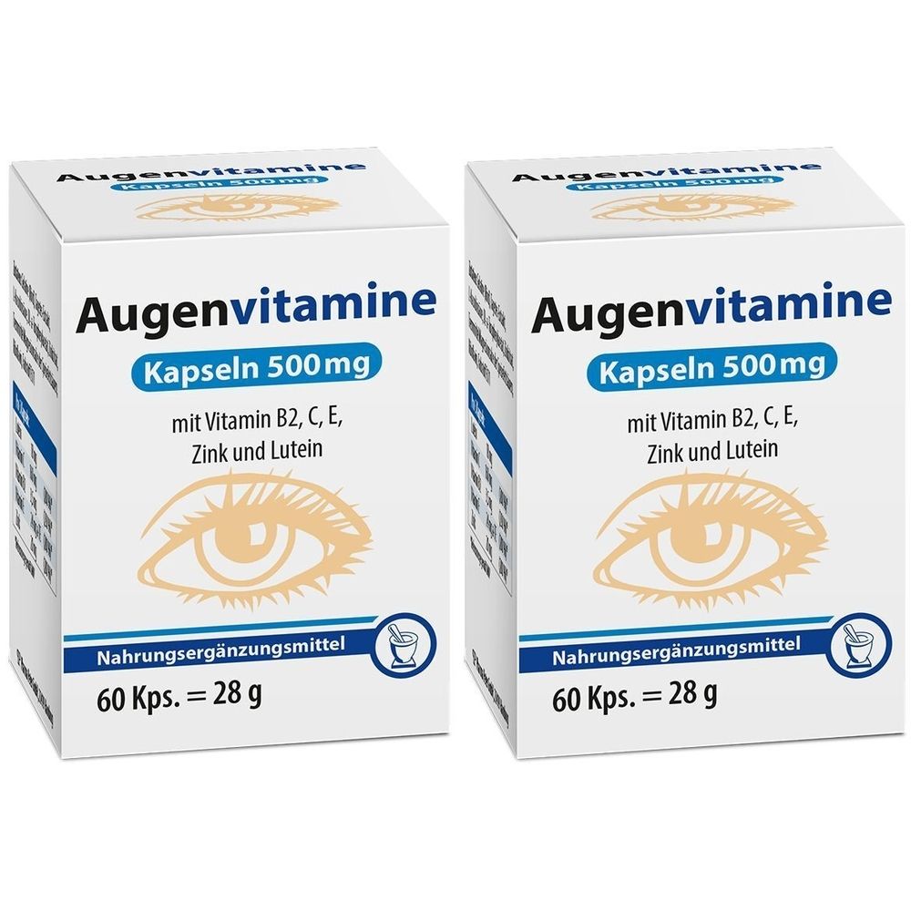 Zwei weiße Kartons mit "Augenvitamine Kapseln 500mg". Enthält Vitamin B2, C, E, Zink und Lutein. 60 Kapseln. Aufdruck: Nahrungsergänzungsmittel.