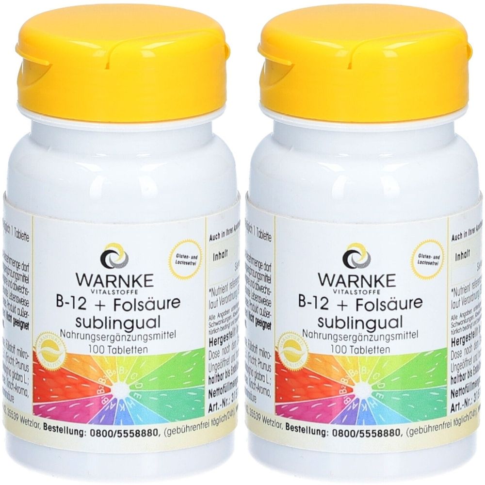 Zwei weiße Flaschen mit gelben Deckeln. Aufschrift: WARNKE VITALSTOFFE B-12 + Folsäure sublingual. Nahrungsergänzungsmittel.