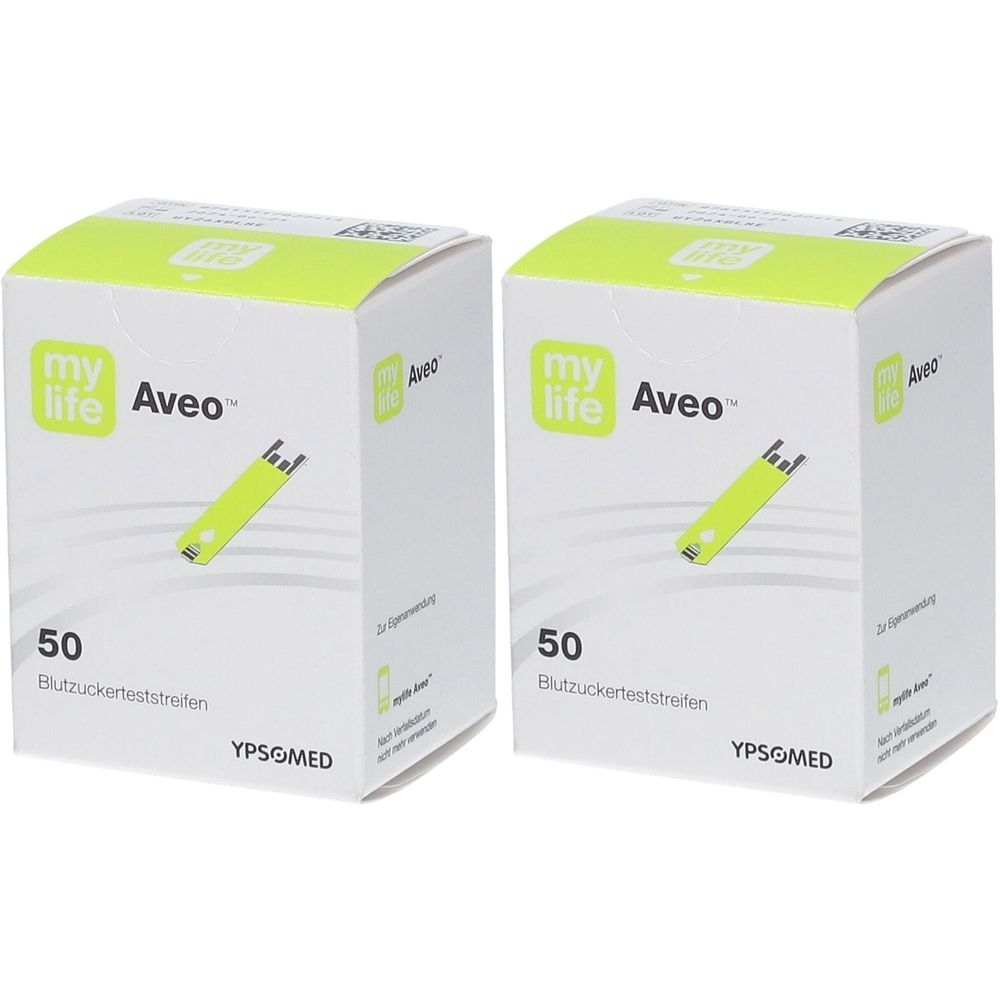Zwei Kartons mit Blutzucker-Teststreifen. Aufdruck: my life Aveo, 50 Teststreifen. Gelbe Teststreifen-Abbildung.