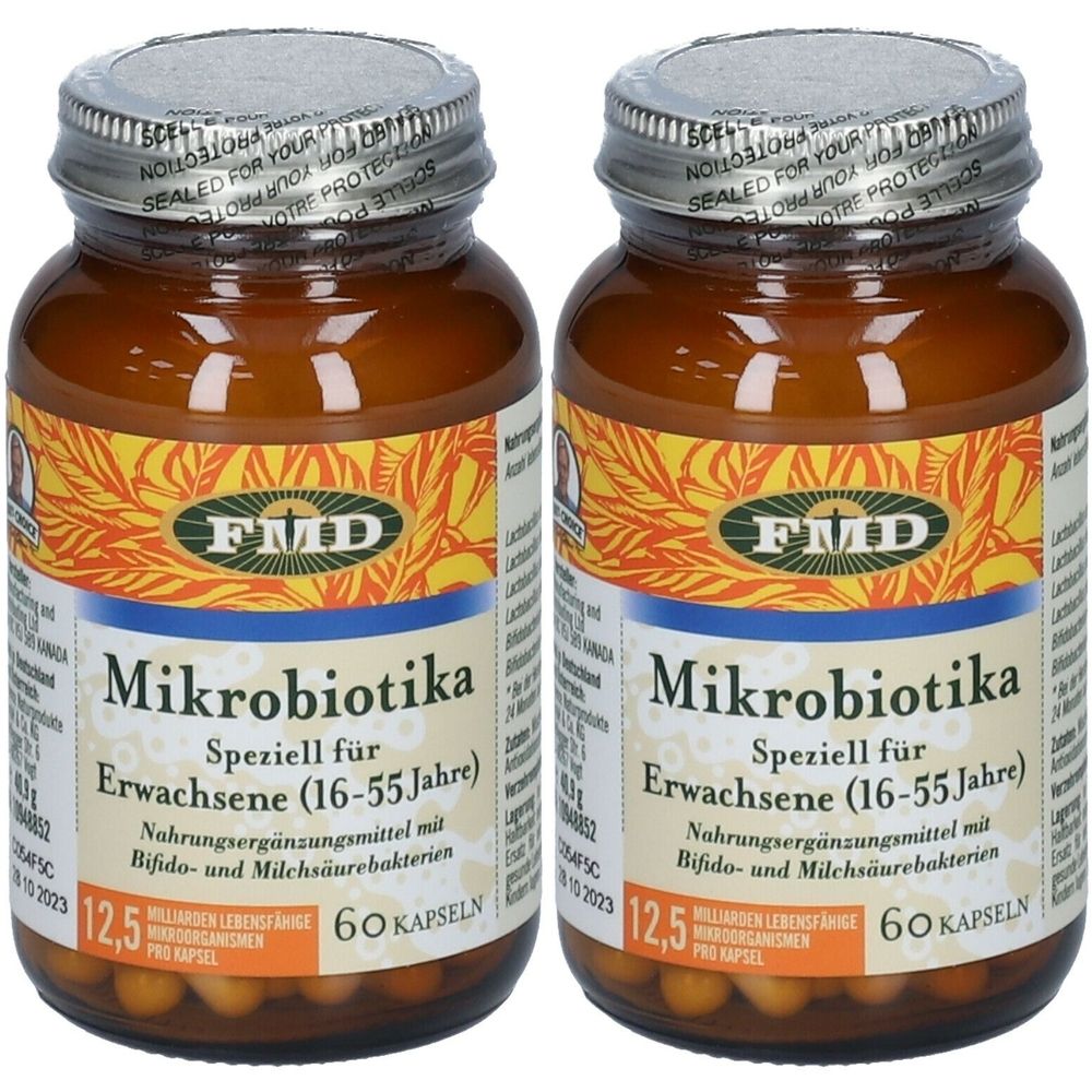 Zwei braune Glasflaschen mit Schraubverschluss. Aufschrift: Mikrobiotika, speziell für Erwachsene (16-55 Jahre). Nahrungsergänzungsmittel.