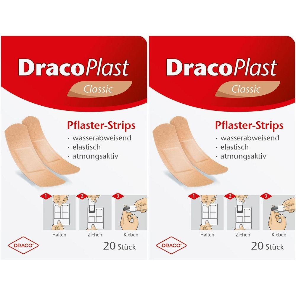 Verpackung mit Pflaster-Strips. Aufschrift: DracoPlast Classic. Eigenschaften: wasserabweisend, elastisch, atmungsaktiv. 20 Stück.