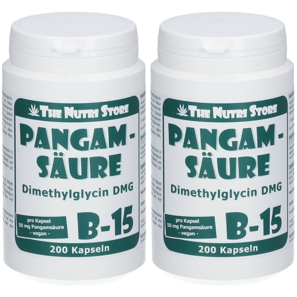 Zwei weiße Flaschen mit dem Etikett "Pangamsäure B-15". Aufschrift: "THE NUTRI STORE", "Dimethylglycin DMG", "200 Kapseln".