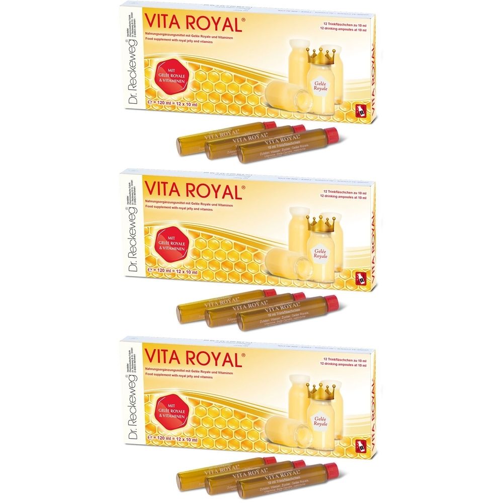 Mehrere Packungen Vita Royal® Trinkampullen. Jede Packung enthält Ampullen und Fläschchen. Aufdrucke: Vita Royal, Dr. Reckeweg.