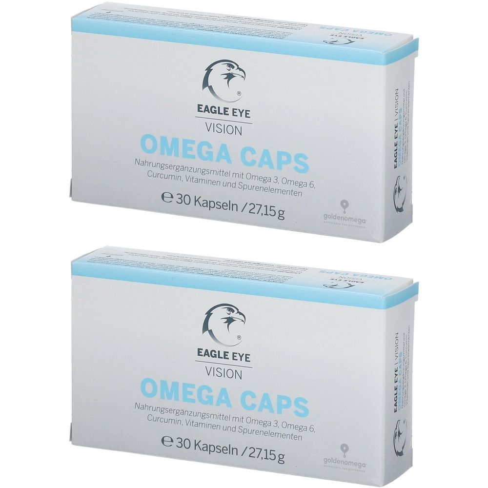 Zwei weiße Schachteln mit blauen Akzenten. Aufschrift: EAGLE EYE VISION OMEGA CAPS. Enthält 30 Kapseln. Goldmedaille-Logo.