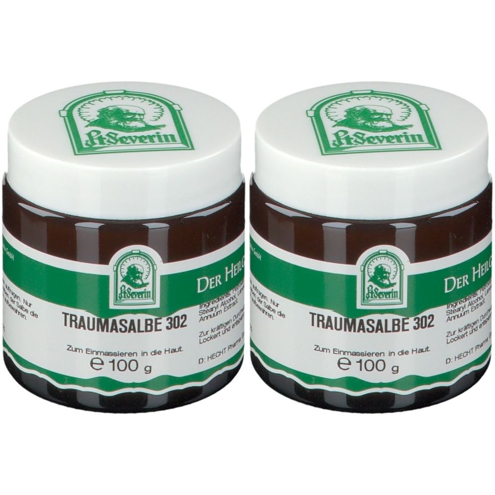 Zwei braune Tiegel mit weißem Deckel. Aufschrift: TRAUMASALBE 302. Logo: St. Severin. Grüne und weiße Etiketten.