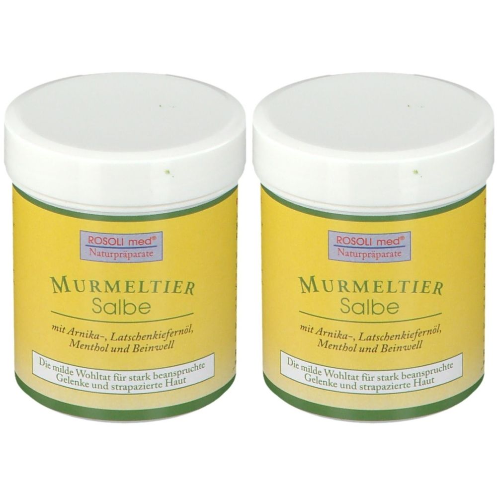 Zwei runde Dosen Rosolimed Murmeltiersalbe. Gelber Hintergrund, weißer Deckel. Beschriftung: Murmeltiersalbe, mit Arnika, Menthol und Beinwell.