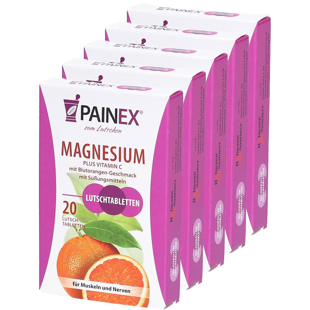 Mehrere Packungen PAINEX Magnesium + Vitamin C Lutschtabletten. Weiße Schachteln mit lila Akzenten und Orangen-Abbildung. Text: Magnesium, 20 Lutschtabletten.