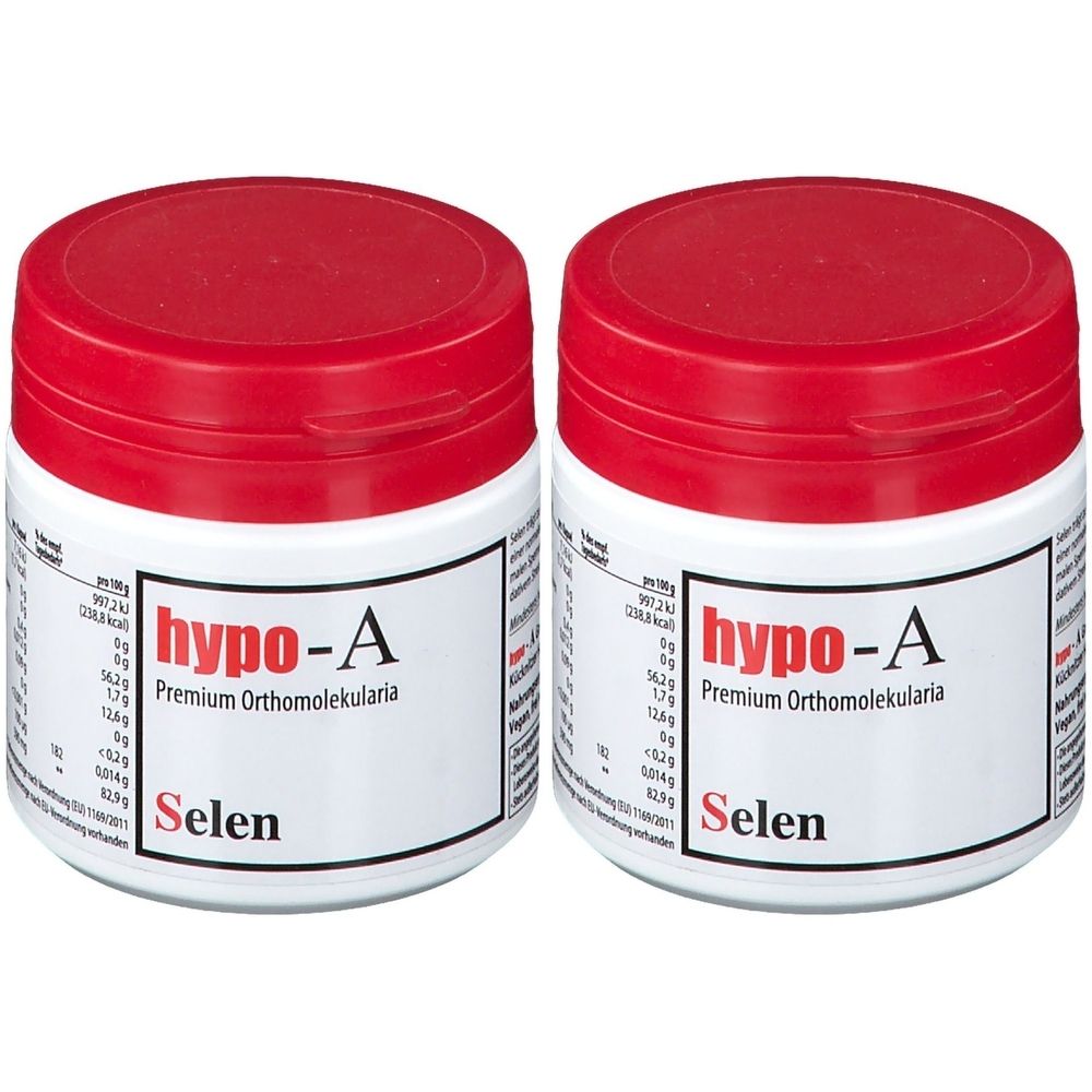 Zwei weiße Tiegel mit roten Deckeln. Auf den Etiketten steht "hypo-A Selen".