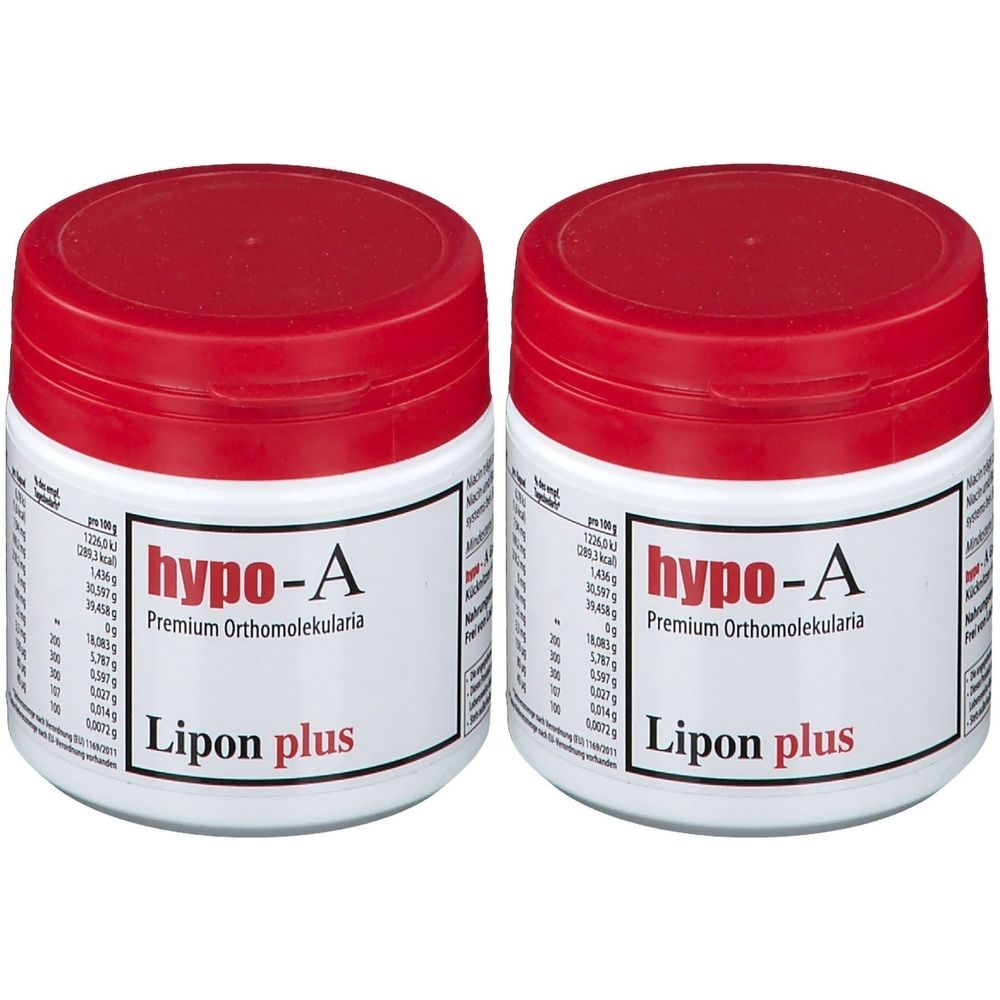 Zwei weiße Tiegel mit roten Deckeln. Auf den Etiketten steht "hypo-A Lipon plus".