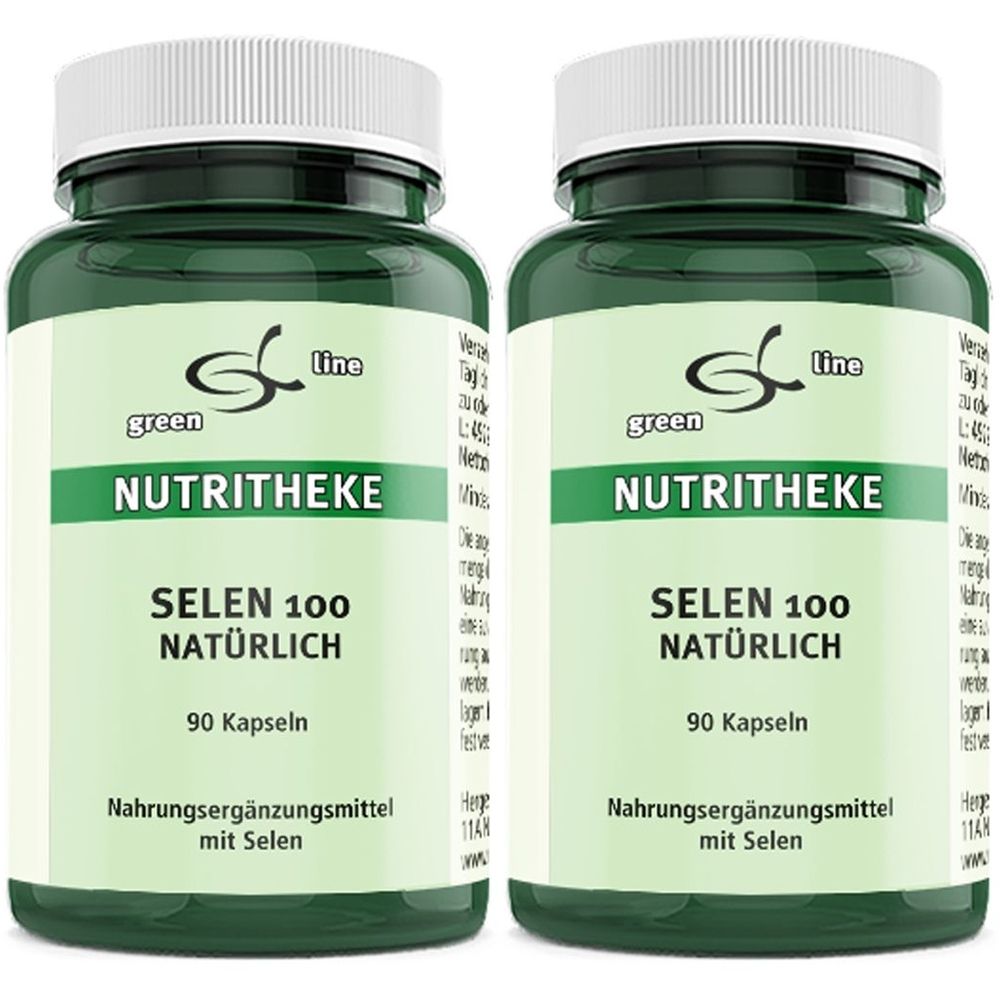 Zwei grüne Flaschen mit weißen Deckeln. Aufschrift: SELEN 100 NATÜRLICH, 90 Kapseln. Nahrungsergänzungsmittel mit Selen. Marke: green Nutritheke.