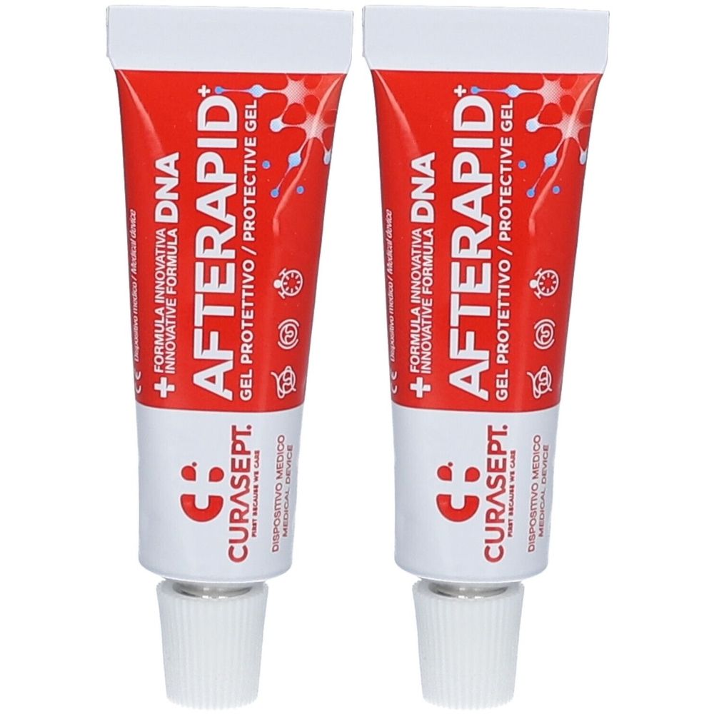 Zwei Tuben mit roter Aufschrift AFTERAPID DNA Gel. Weiße Kappe und Schriftzug CURASEPT. Medizinprodukt.