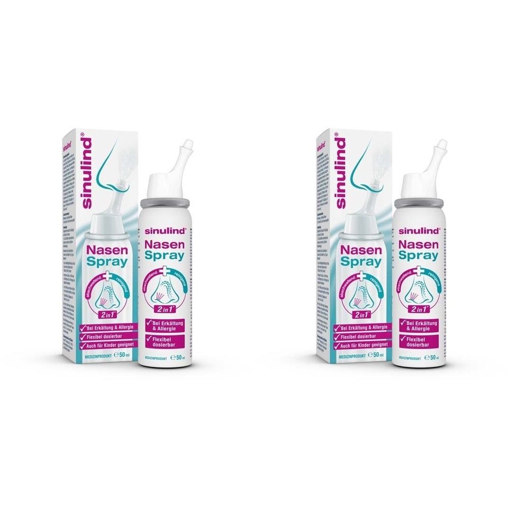 Nasenspray-Flasche und Verpackung. Aufschrift: Sinulind Nasen Spray 2in1. Mit Nasen-Symbol. Flasche mit Sprühaufsatz.