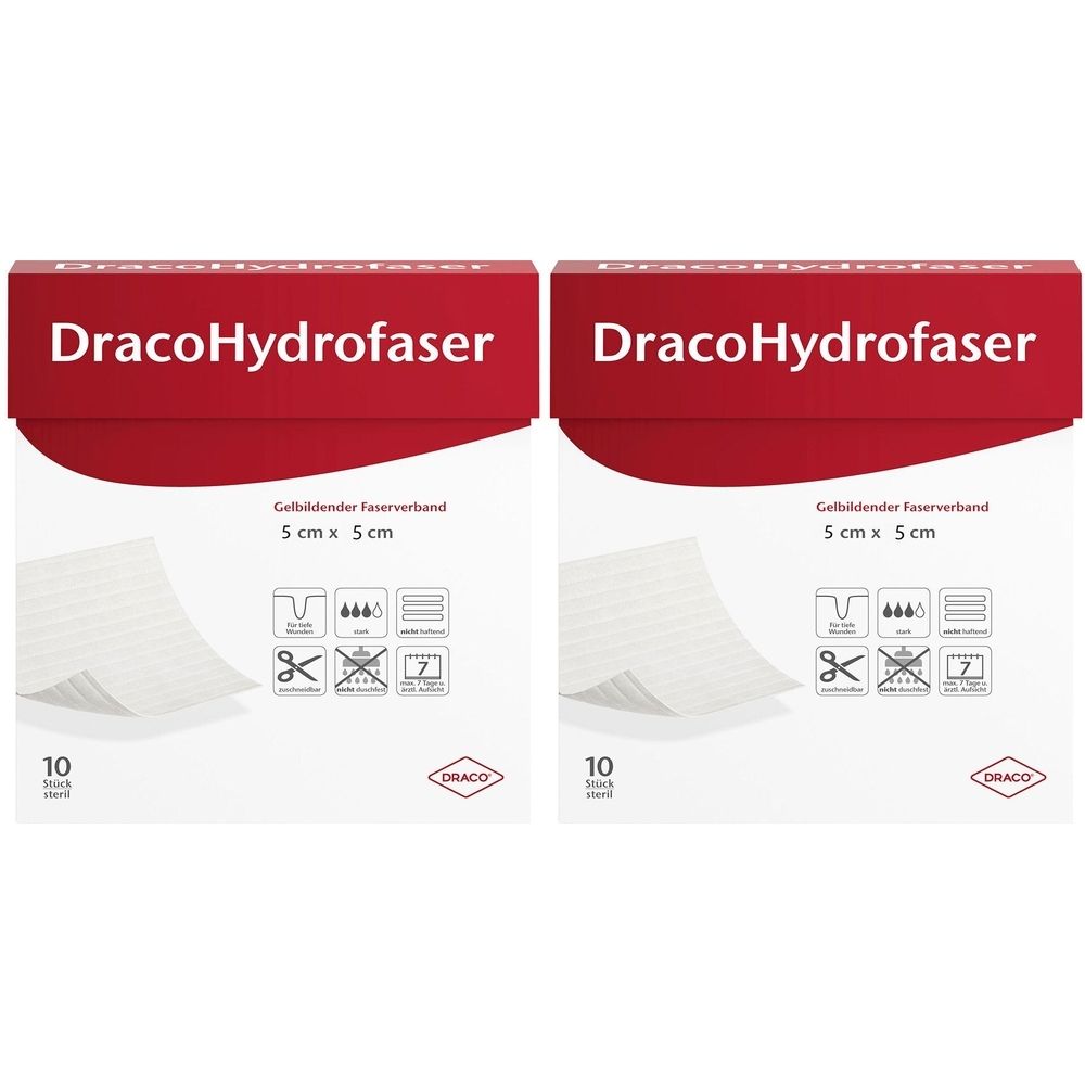 Zwei Packungen DracoHydrofaser Faserverband. Aufdruck: 5 cm x 5 cm, 10 Stück. Logo DRACO.