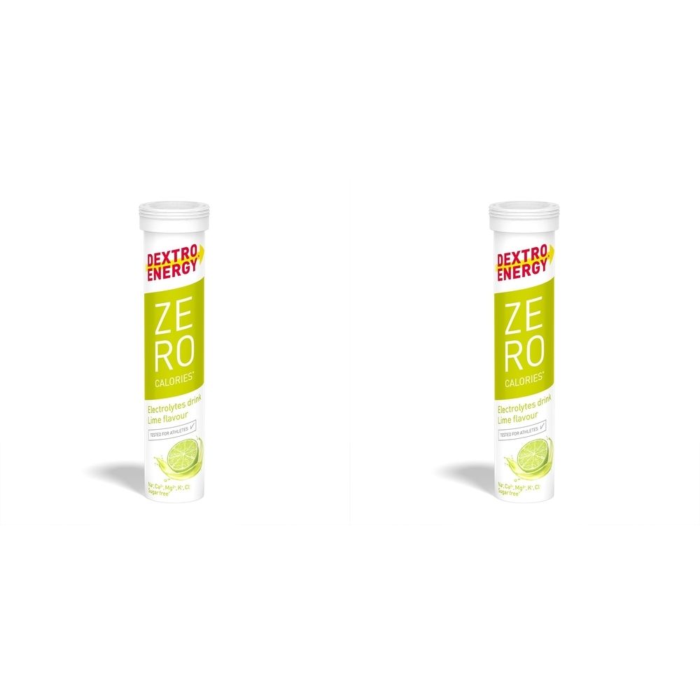 Zwei zylindrische Behälter mit weißem Deckel. Aufschrift: Dextro Energy, Zero Calories, Limettengeschmack. Abbildung einer Limettenscheibe.
