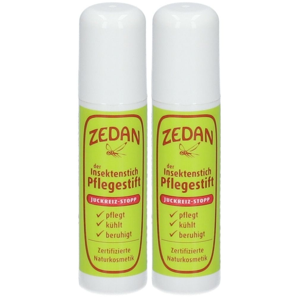 Zwei Flaschen ZEDAN Insektenstich Pflegestift. Grün-braune Etiketten mit Text: pflegt, kühlt, beruhigt. Zertifizierte Naturkosmetik.