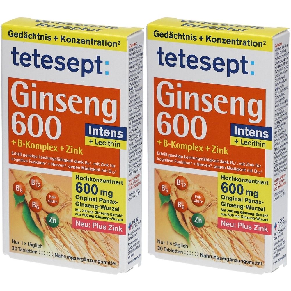 Zwei Packungen TETESEPT Ginseng 600 Filmtabletten. Aufschrift: Ginseng 600, B-Komplex + Zink, Intens + Lecithin. Nahrungsergänzungsmittel.