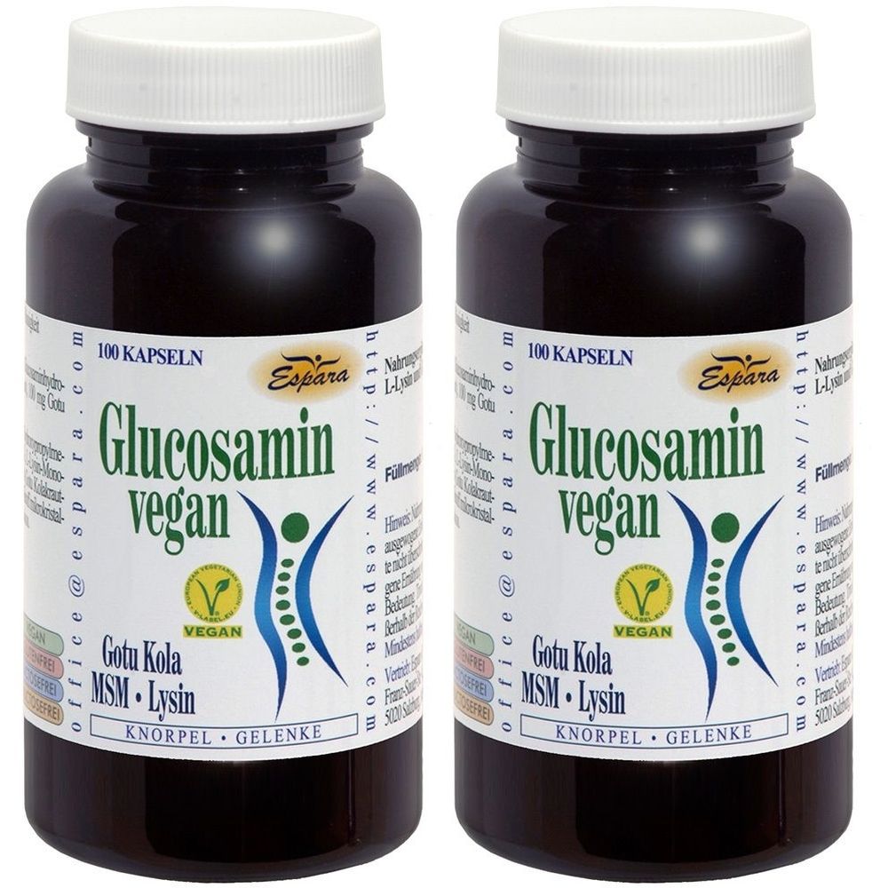 Zwei Flaschen mit weißen Deckeln. Auf den Etiketten steht "Glucosamin vegan", darunter ein Vegan-Siegel. Text: Gotu Kola, MSM, Lysin, Knorpel, Gelenke.
