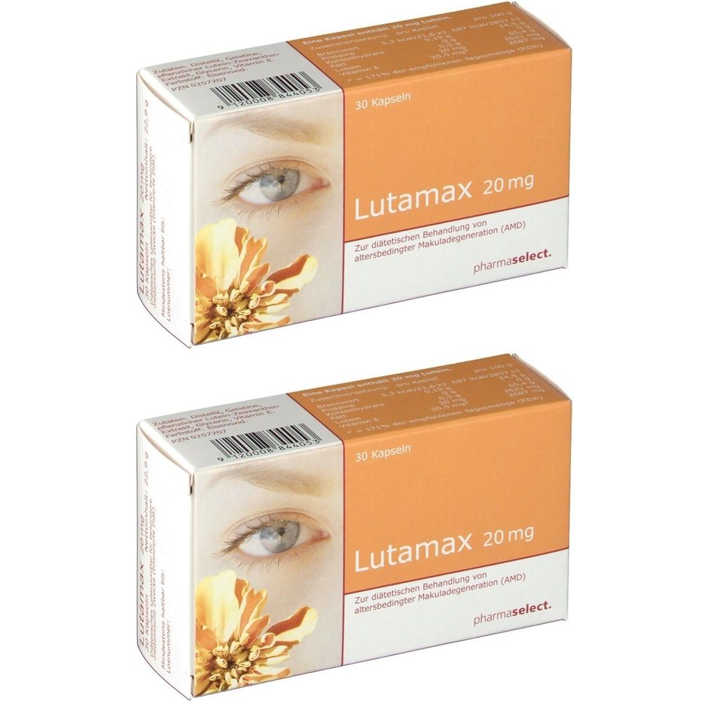 Zwei Schachteln Lutamax 20 mg. Aufdruck: Auge, Blüte, Produktname, 30 Kapseln, pharma select.
