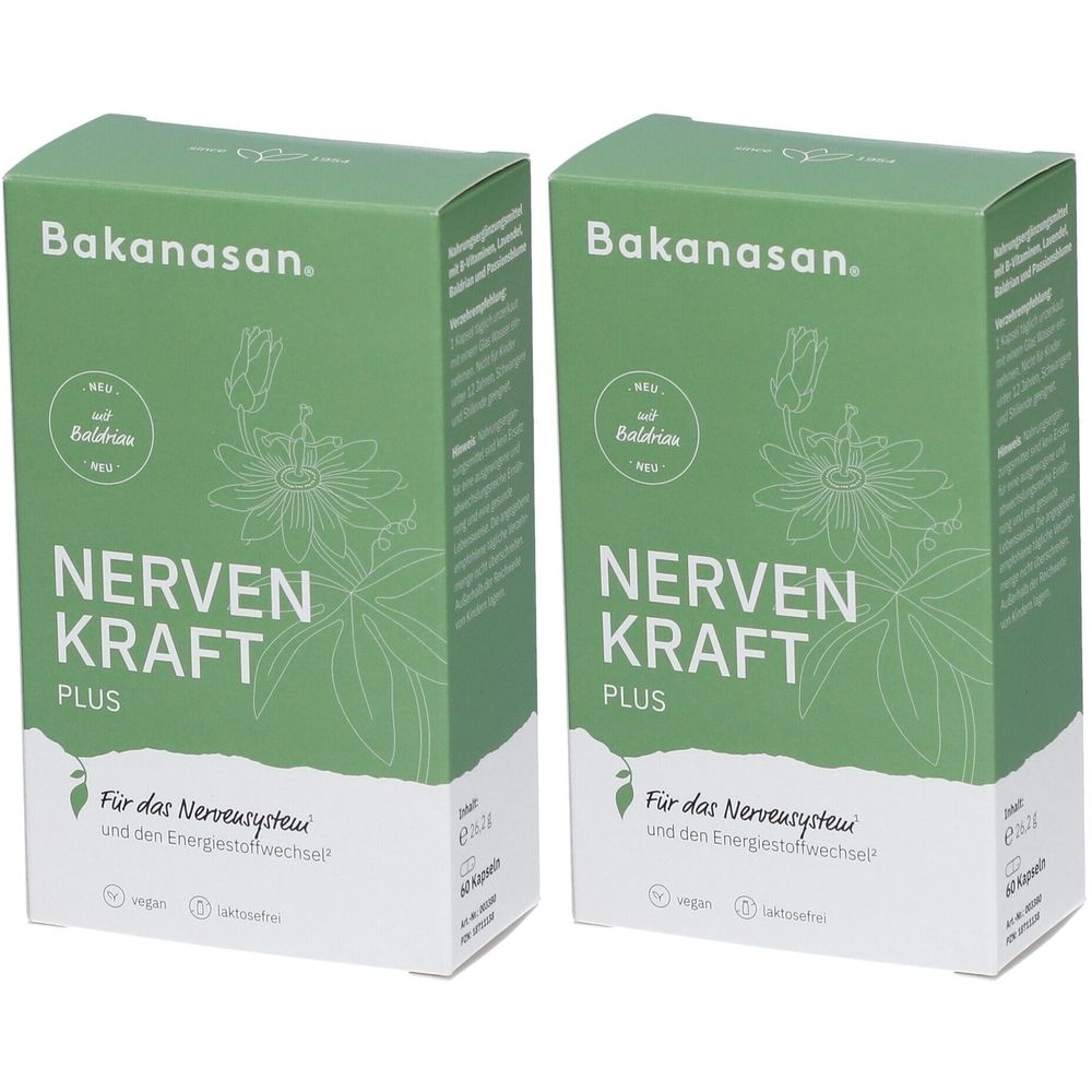 Zwei grüne Schachteln mit der Aufschrift "Bakanasan NERVEN KRAFT PLUS". Aufdrucke: Blüten, "neu mit Baldrian", "Für das Nervensystem".